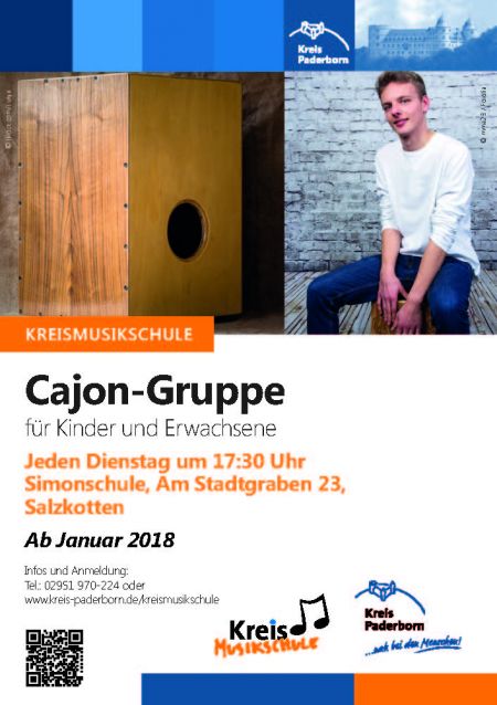 Plakat: Ab Januar 2018 Cajon-Gruppe in der Simonschule Salzkotten (Foto: © Istock.com/Lunja - mma23/Fotolia)